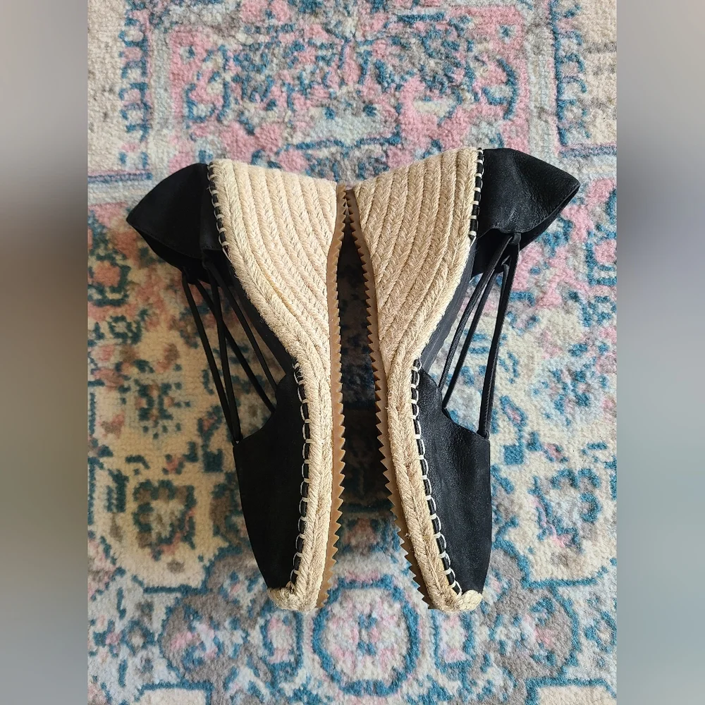 Eileen Fisher Yasmin Espadrille Wedge Shoes Women's 9 Black‎ Leather Strappy